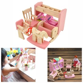 Cisixin Pink Wooden Dolls Toy Furniture Bedroom Pretend Play Toy miniature bedroom set