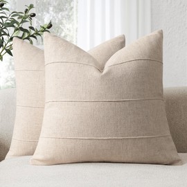 Decorative Linen Throw Pillow Covers 26x26 Set of 2 Solid handcrafted Striped Cushion Covers for Bed Soft Modern Farmhouse Neutral Pillowcase for Couch Bedroom Living Room Home Decor(Natural Beige)