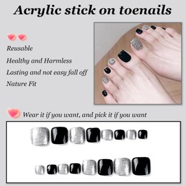 AKOFIC 24 Pcs False Toenails Short Square, French Glossy Black Stick on Toenails, Rhinestones Full Cover Press on Toenails, Artificial Fake Toenails for Big Toe Women Grils Manicure Art
