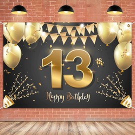 HAMIGAR 6x4ft Happy 13th Birthday Banner Backdrop - 13 Years Old Birthday Decorations Party Supplies for Girls Boys - Black Gold