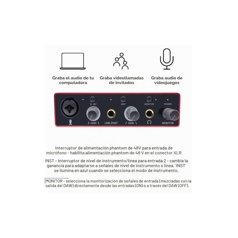 Interfaz de audio USB con preamplificador de micrófono, grabadora mezcladora