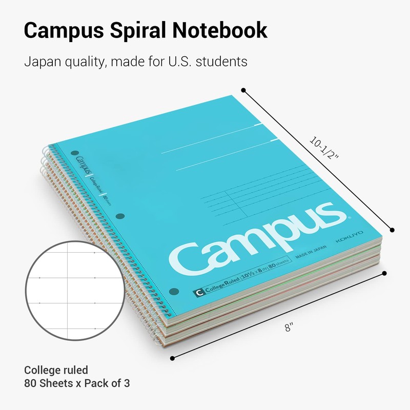 KOKUYO Campus Spiral Notebook, 10-1/2” x 8”, College Ruled, 80