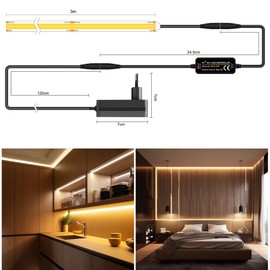 TTWAY COB LED Strip 3 m, 2700 K Warm White LED Strip with Power Supply and Remote Control, DC24 V, 480LEDs/M, CRI 90+, 8 mm Width, Dimmable Light Strips for Bedroom Decoration