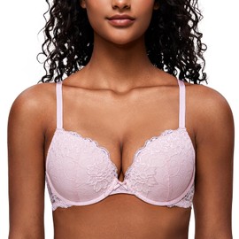 Deyllo Women’s Push Up Lace Bra Comfort Padded Underwire Bra Lift Up Add One Cup(Pink,34C)