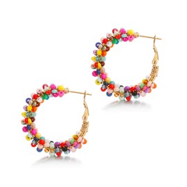 Winssigma Flower Hoop Earrings, Boho Beaded Hoop Earrings Daisy Hoop Earrings Floral Hoop Earrings(Colorful Beads)