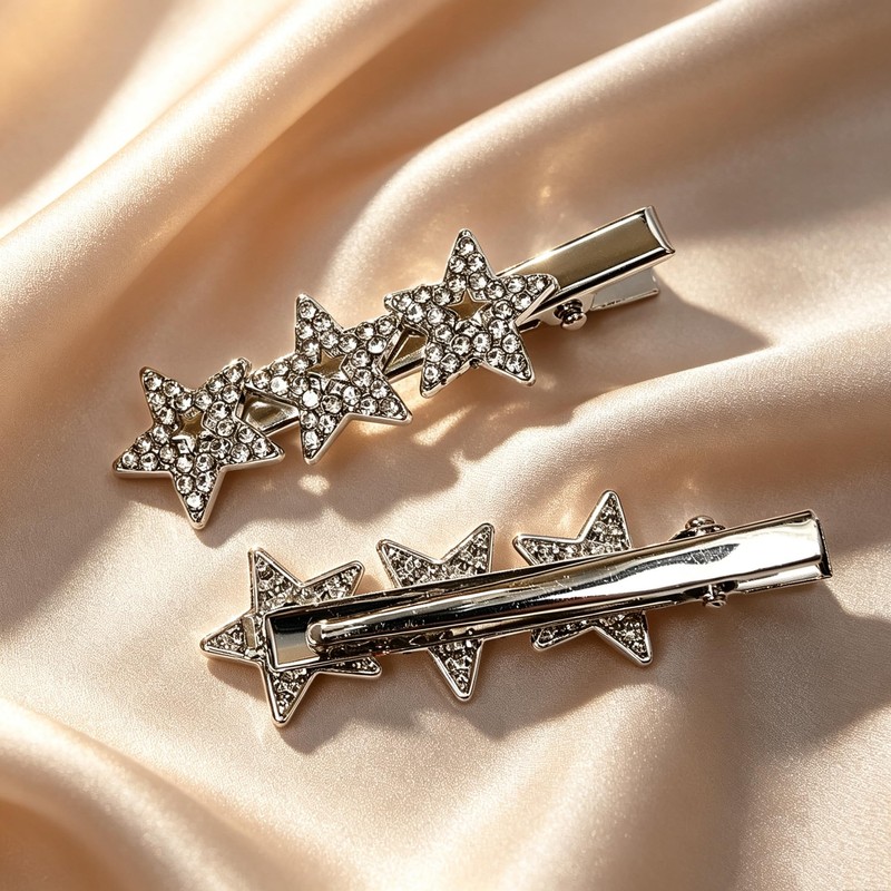 2Pcs Rhinestone Star Hair Clips Silver Accessories Y2K Barrettes