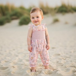 Emmababy Baby Girl Floral Smocked Jumpsuit Bubble Romper Sleeveless Tank Top Ruffle Strap Bodysuit Infant Summer Clothes (Pink, 0-6 Months)