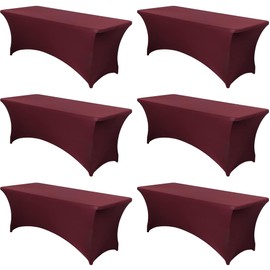 Obstal 6 Pack Stretch Spandex Table Covers for 8 Foot Tables - 8 FT Universal Rectangular Fitted Tablecloth Protector for Wedding, Banquet, Party, Wine Red, 96 Length x 30 Width x 30 Height Inches