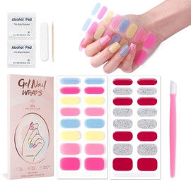 JERCLITY 2 Sheets 32pcs Semi Cured Gel Nail Strips, Gel Nail Wraps Needed LED Lamp to Cured, Ease to Use and Removal, Come with 2 Prep Pads,1 Nail File,1 Wooden Cuticle Stick(Macaron+Glitter)