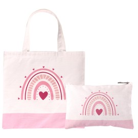 2pcs Canvas Bags Set, Pink Preppy Canvas Tote with Makeup Bag Coquette School Supplies Reusable Grocery Folding Shopping Bags for Women (Rainbow)