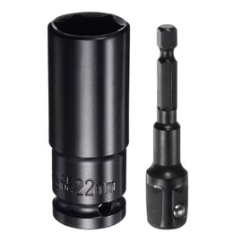 sourcing map 1/2" Drive 22mm 6-Point Deep Sockets 3" Length with 1/2" to 1/4" Hex Shank Adapters Phosphate Coated, CR-V Steel Socket Adapter Accessory Set Kit for Hex Bolts Nuts