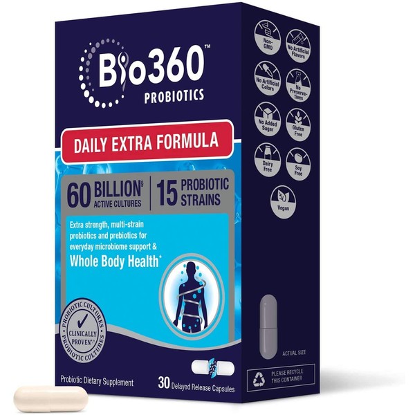 Bio360 Probiotic, Enhanced Daily Extra Formula, Prebiotics and Probiotics for Women & Men, 60 Billion CFU 15 Strains to Support Occasional Constipation, Gas & Bloating, 30 Vegan Supplements