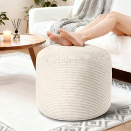 BBGDIPG 20" x 20" x 15" Pouf Ottoman Foot Rest, Pre-Stuffed Round Foot Stool with Odorless Shredded Memory Foam, Furry & Fluffy Corduroy Footrest for Living Room, Beige