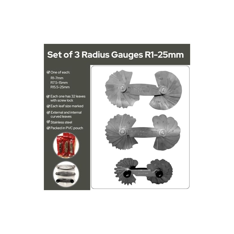Proops Set x 3, 1-25mm Radius Gauge, Dual End, Measuring,