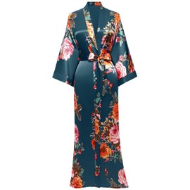 BABEYOND Women's Kimono Robe Long Satin Silky Floral Lightweight Bridesmaid Wedding Bachelorette Party Robe