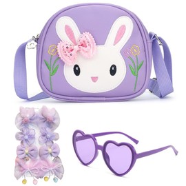 Little Girls Handbag Set 10pcs, Lovely Rabbit Crossbody Bag with Heart-Shaped Sunglass and 8 Bow Hair Clips, Shoulder Bag for Cute Kids with Adjustable Strap, Purple