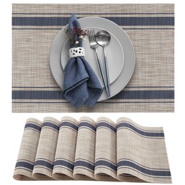 More Décor Dining Table Placemats, Washable Heat-Resistant PVC Vinyl Table Mats for Dining Room and Kitchen, Anti-Slip - Set of 4 - Horizontal Striped Blue - Grey