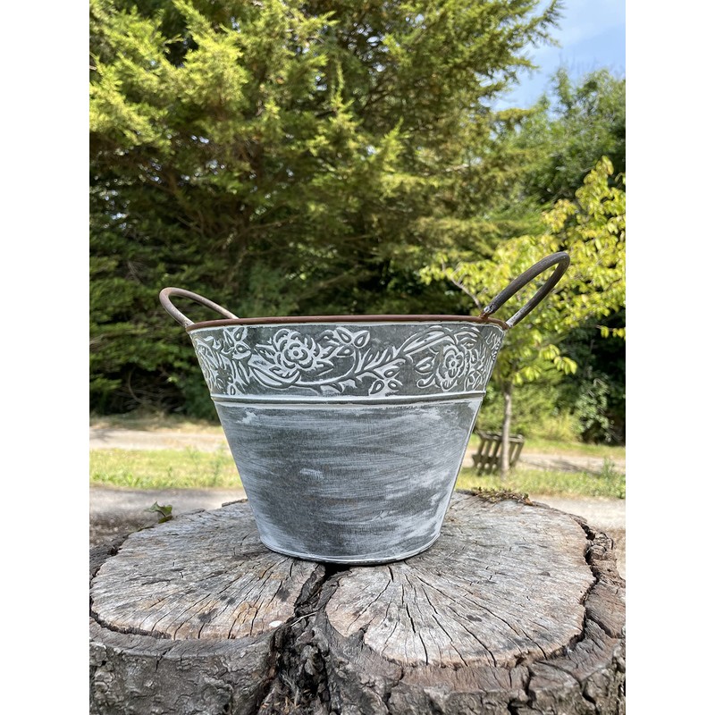 Galvanised Flower Pot with Handles | Outdoor Garden Metal Steel