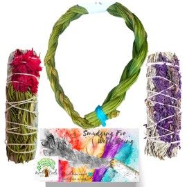 Sweet Grass Braided 12” & Sage Smudge Sticks Variety Set – Sweetgrass, Rosemary & White Sage, Lavender/Blue/Yerba Santa for Cleansing, Smudging (Rosemary White Sage & Lavender Blue)