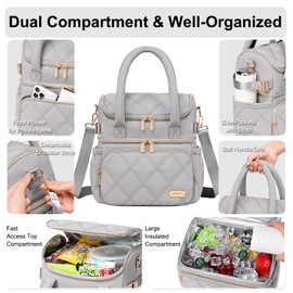 Weitars Lunch Bag for Women Men,Double Deck Lunch Box for Women,Quilted Lunch Tote for Work,Insulated Lunch Cooler Leakproof Lunchbox for Adult with Shoulder Strap &Pockets for Picnic Hiking (Gray)