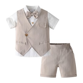 amokk Baby Boy Formal Wear Summer Suits for Toddler 1st 2nd Birthday Outfit Set for Christening Wedding Party (Khaki, 18-24 M)