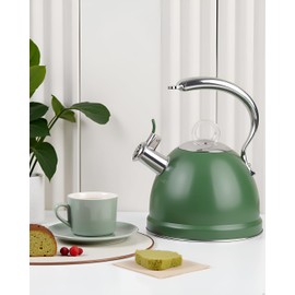 Harriet Tea Kettle Stovetop, 2.5 Quart Whistling Stainless Steel Tea Pot, 3-Layer Base, Unique Ergonomic Handle, Includes Pot Holder & Mat, Electric/Induction/Gas Stovetops Applicable, Green