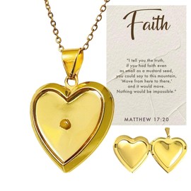Unique Mustard Seed Necklace, Heart Locket Necklace for Women Girls, Faith Jewelry with Scripture Card, Christian Gifts, Gold Photo Lockets that Hold Picture, Stainless Steel (01 Gold Plated)