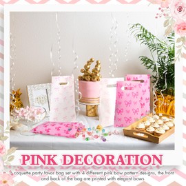 Geyoga 48 Pcs Pink Bow Party Favor Bags Bulk Plastic Pink Goodie Bags for Candy Bow Coquette Party Favors for Birthday Wedding Bridal Bachelorette Baby Shower Supplies