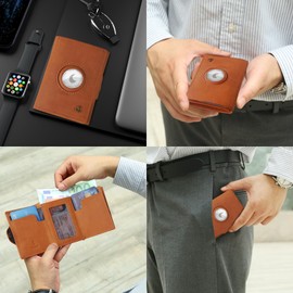 Timoxi Credit Card Holder Men's Slim Wallet with Coin Compartment Aluminium Card Holder with RFID Protection Mini Wallet Genuine Leather, Airtag-Brown, Modern