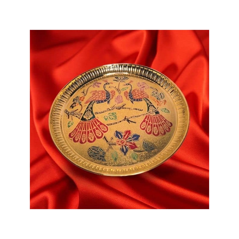 Decorative Peacock Brass Thali Plate Brass Thali Prasad Plate for