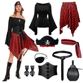 DARFULA 9 Pcs Womens Pirate Costume Renaissance Shirt Dress with Head Scarf Waist Belt Medieval Costume Accessory Sets (Black, Large)