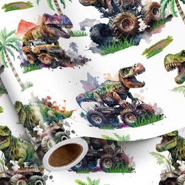 RUSPEPA Dinosaur Wrapping Paper Roll for Kids Boys, Mini Roll, Watercolor T-Rex and Monster Truck Gift Wrap Paper for Birthday, Dino Party, Adventure Celebration, 17 Inches X 16.4 Feet