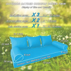 SWFEMWS Outdoor Twin Mattress Cover - 6 in1 Set - Swing Daybed Cushion Water-Resistant Replacement Slipcover - UV Resistant & Fade Proof Fabric (Sky Blue)