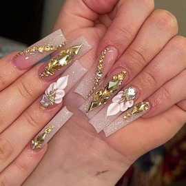 IMRAIN Press on Nails Long Square Fake Nails Nude White Gradient Glossy Glue on Nails Full Cover Glitter Acrylic False Nails with Rhinestone Designs Artificial Stick on Nails for Women 24Pcs