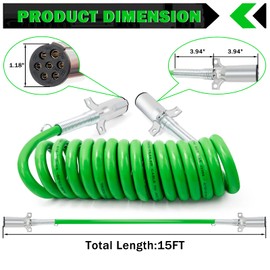 CheeMuii 7 Way Coiled Trailer Cord 15 FT Green ABS Electrical Power Coil Heavy Duty Cable Power Wire for Semi Trucks Tractors