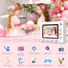 Immver Kids Camera, Dual-Lens Selfie Cameras, 2.8" IPS Screen, 48MP, 1080P, 32GB Card, Digital Zoom, Instant Digital Cameras with Print Paper, Birthday Christmas Toys Gifts for Kids Age 3-12 (Pink)