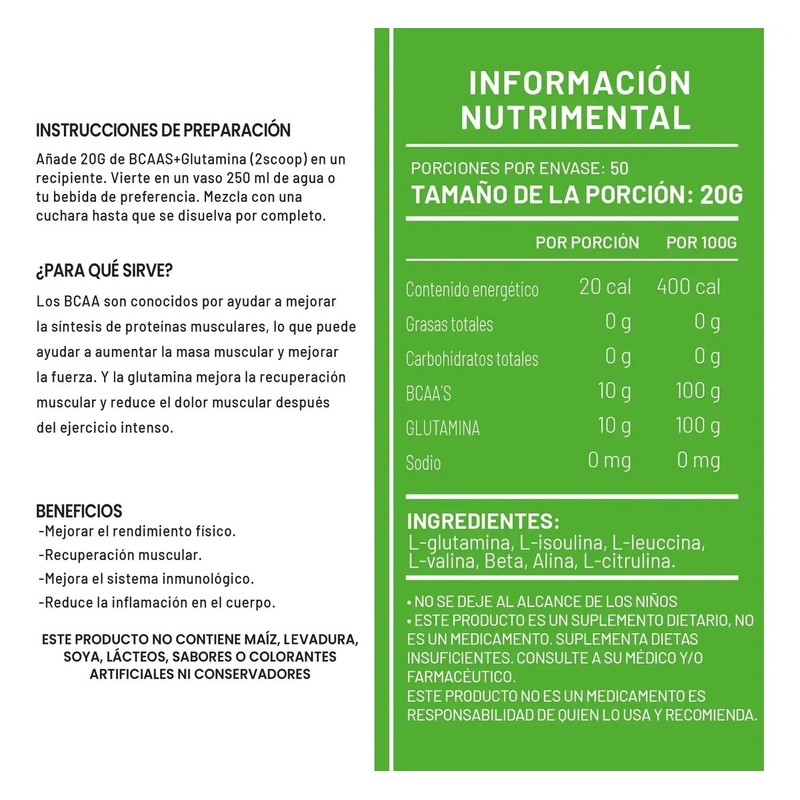 Aminoácidos Bcaas Glutamina Green 1kg Sabores