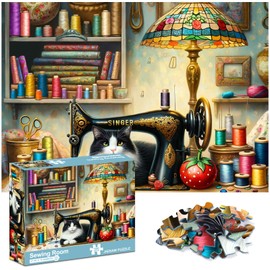 crowm Jigsaw Puzzles for Adults 1000 Pieces, The Sewing Room Cat Challenging Puzzles for Game Nights Living Room Art Decor & Sewing Lovers Gifts