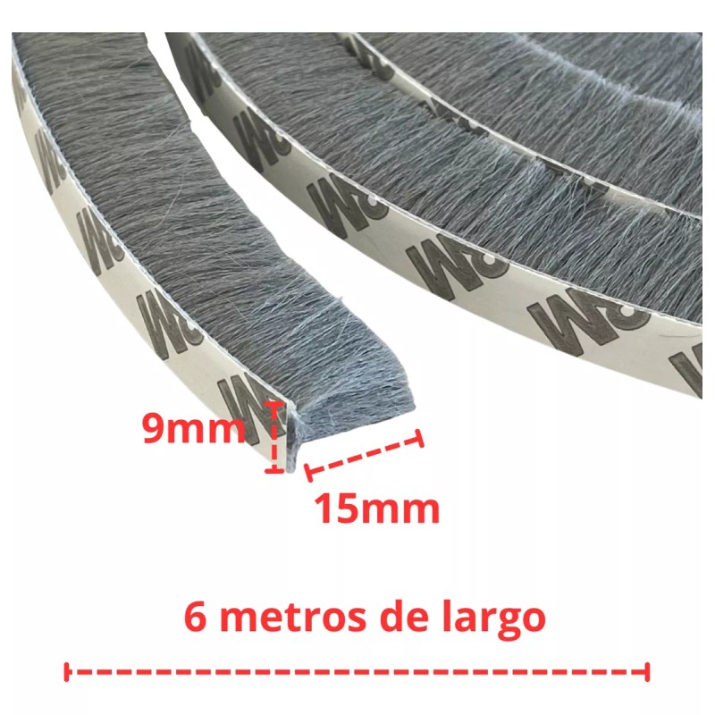 Estuchelandia 6mt Tira Sellado Cepillo Cinta Polvera Puerta Ventana 9x15mm