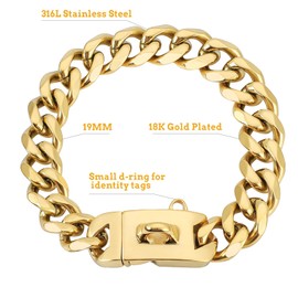 BAOBOTE 19mm Gold Chain Dog Collar,Luxurious Gold Cuban Link Dog Collar with Secure Snap Buckle for Large Pitbulls(24" Gold)