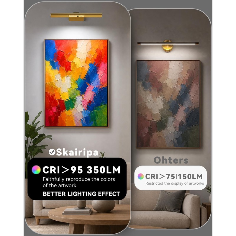 Skairipa 13" Rechargeable Picture Light for Wall with Remote, Gold