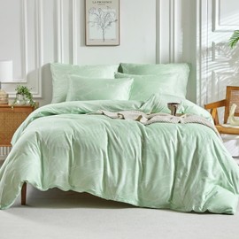 Lekesky Green Double Duvet Cover Set 3pcs Botanical Plants Bedding Set, Soft Microfibre Lime Green Duvet Set with Pillowcases Zip Closure Easy Care, 200x200cm (Green, Botanical)