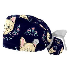 FFLOWER Cat Head Pattern Floral Dark Blue Background Working Caps with Buttons, Long Hair Scrub Hats Ponytail Holder for Women, One Size