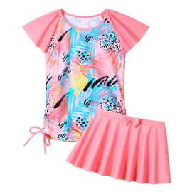 BAOHULU Girls Rash Guard 2 Pieces Bathing Suit UPF50+ Swimsuit with Swimming Skirt Swimwear 2-12Y S377_Peach_14A