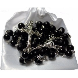 First Holy Communion Black Rosary Beads 1st Communion Confirmation Girls/Boys Gift Excellent Quality Five Decade Rosary & Silver Crucifix Pearl Effect Beads with Free White Satin Drawstring Pouch