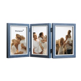 Trifold Picture Frame 5x7 Blue Photo Collage Frame Hinged Triple Foldable Frame Blue for Tabletop Desk Display Gift for Mother, Friend