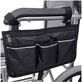 Wheelchair Armrest Bag with 4 Pockets Waterproof Pongee Elderly Secure Mobility Aid Wheelchair Accessories Storage Pouch Zipped Pushing Chair Seat Side Container Fits for Most Wheelchair/Scooter