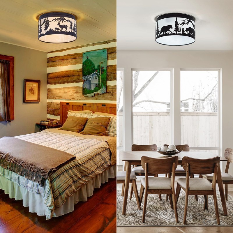 Farmhouse Flush Mount Ceiling Light with Shade - Rustic Deer