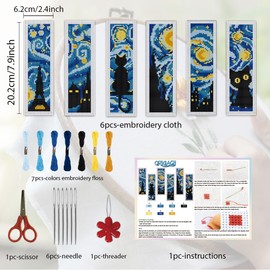 ORIGACH 6 Set Starry Night and Black Cat Cross Stitch Bookmark Kit for Beginner with Backing Felt Floss Instructions DIY Stamped Embroidery Bookmark Kit for Adults, Book Lovers