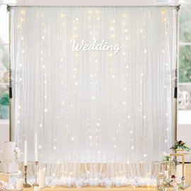 Tulle Backdrop Curtain with Lights: 2 Pcs 5×10ft White Sheer Fabric Background - Wedding Party Birthday Photo Decor